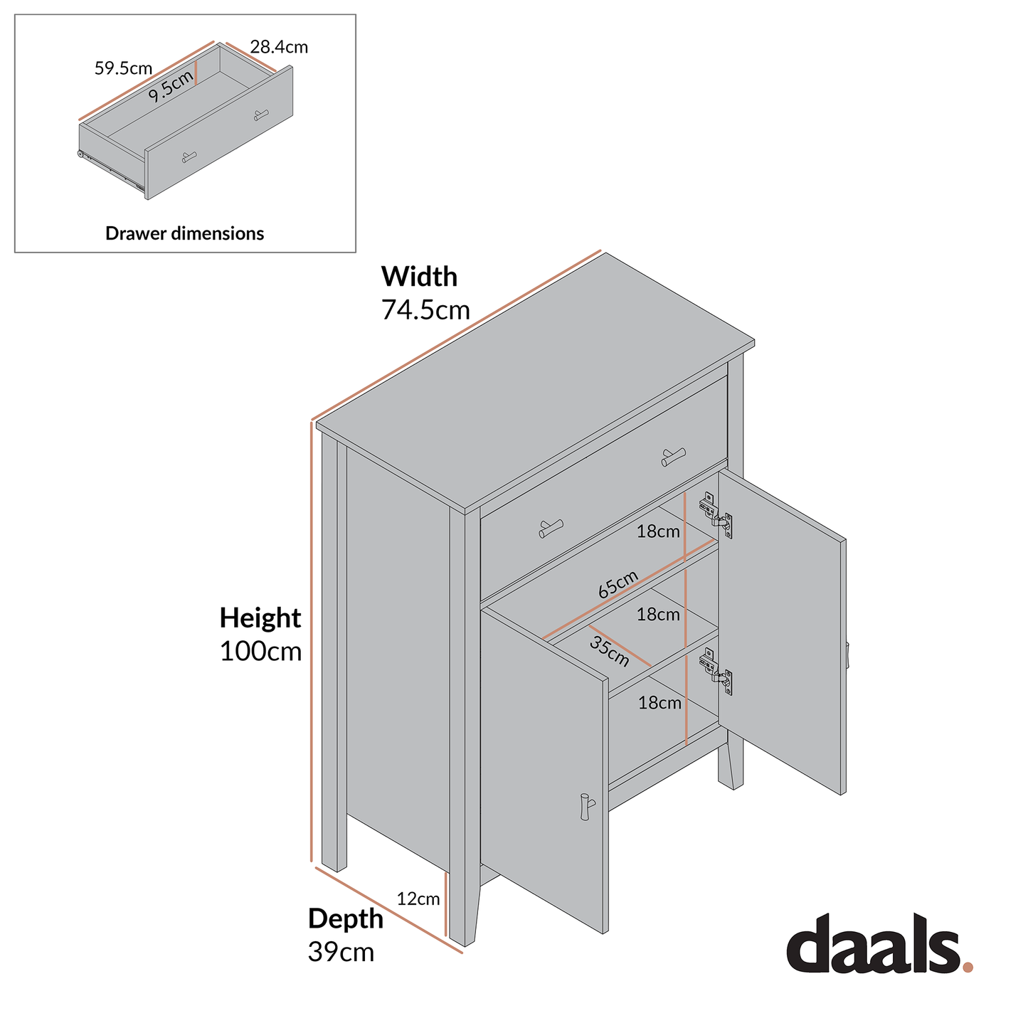 Petit buffet Oakham avec tiroir, bleu orage