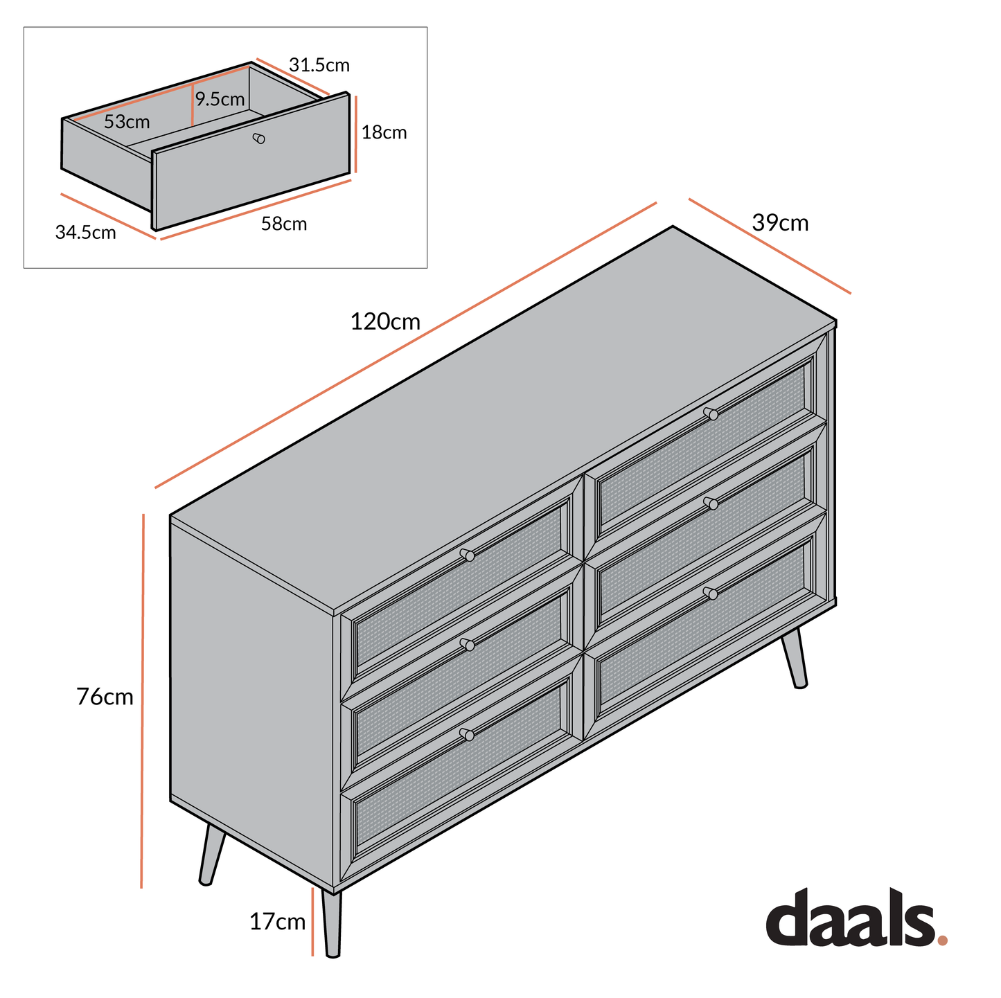 Commode 6 tiroirs en rotin tressé Frances, blanche
