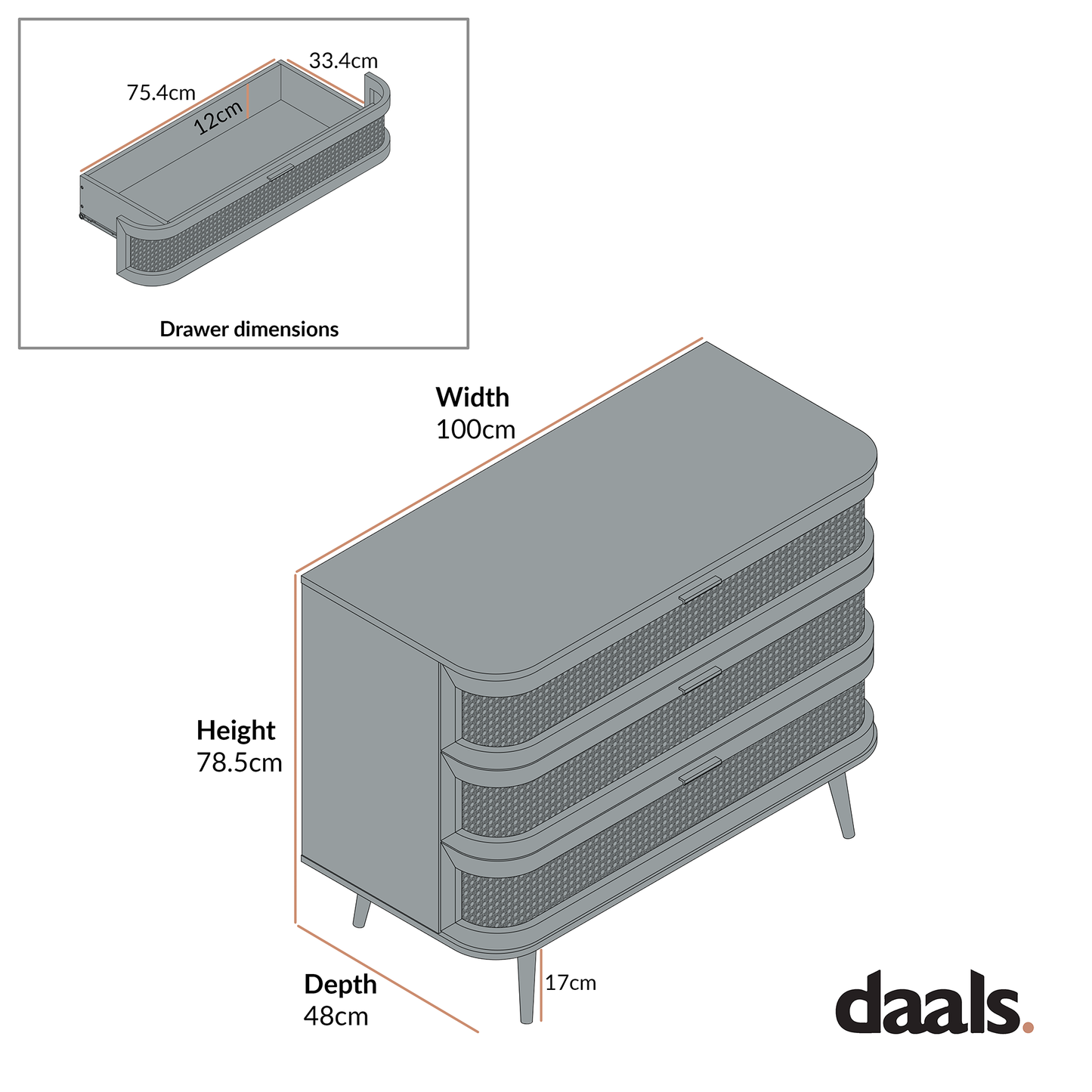 Commode 3 tiroirs en rotin courbé Izzy, blanche