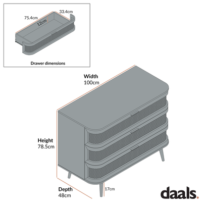 Commode 3 tiroirs en rotin courbé Izzy, blanche