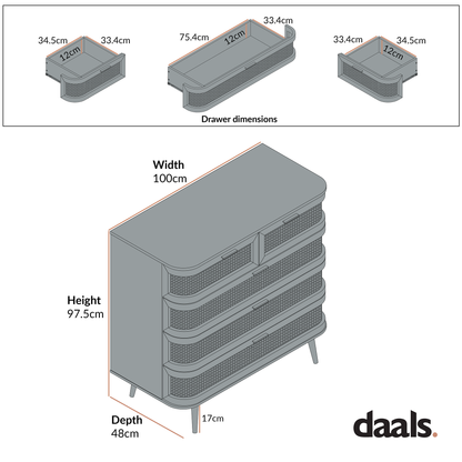 Commode 5 tiroirs en rotin courbé Izzy, naturel