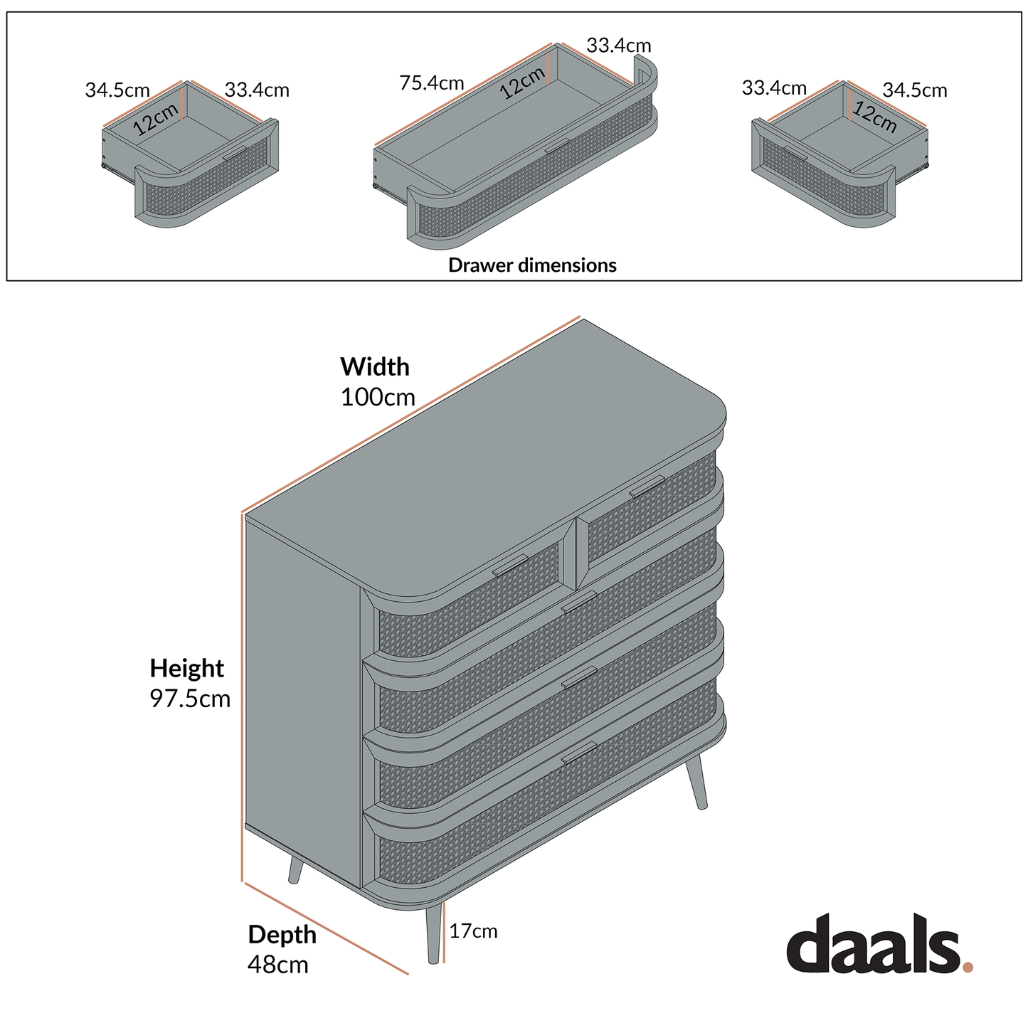 Commode 5 tiroirs en rotin courbé Izzy, noyer