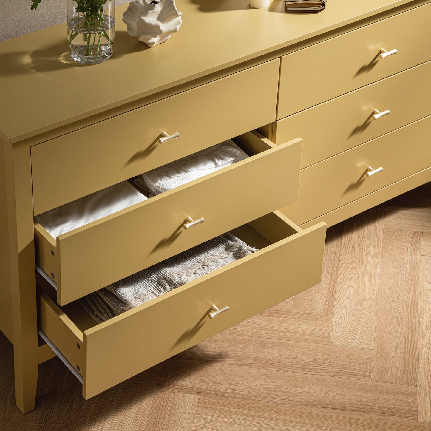 Commode 6 tiroirs Oakham, rotin jaune