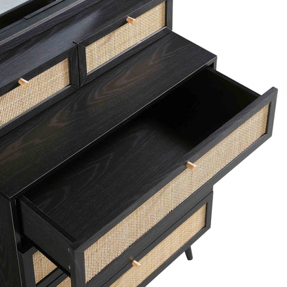 Commode haute en rotin tressé Frances avec miroir, noir