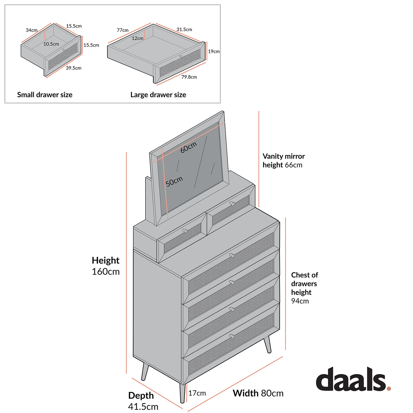 Commode haute en rotin tressé Frances avec miroir, blanc