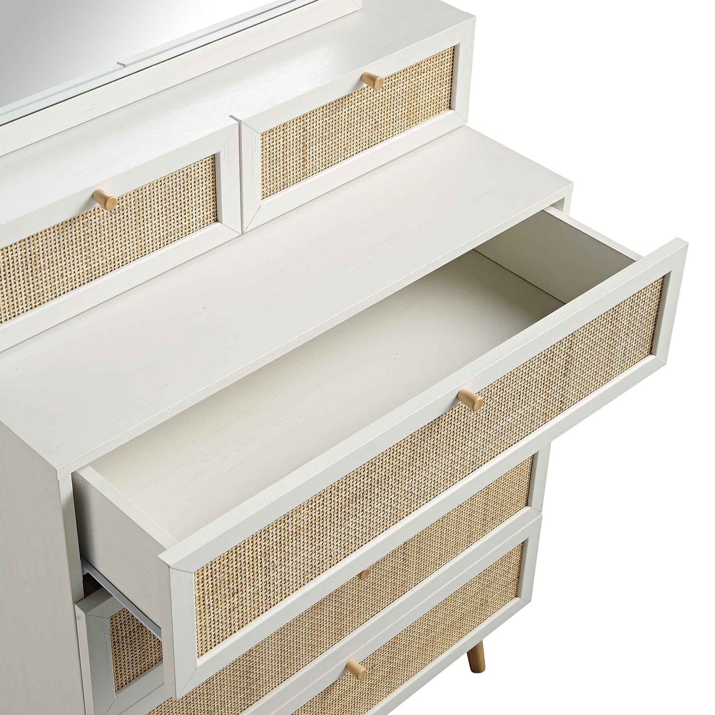 Commode haute en rotin tressé Frances avec miroir, blanc