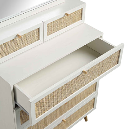 Commode haute en rotin tressé Frances avec miroir, blanc