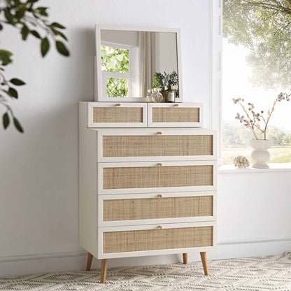 Commode haute en rotin tressé Frances avec miroir, blanc