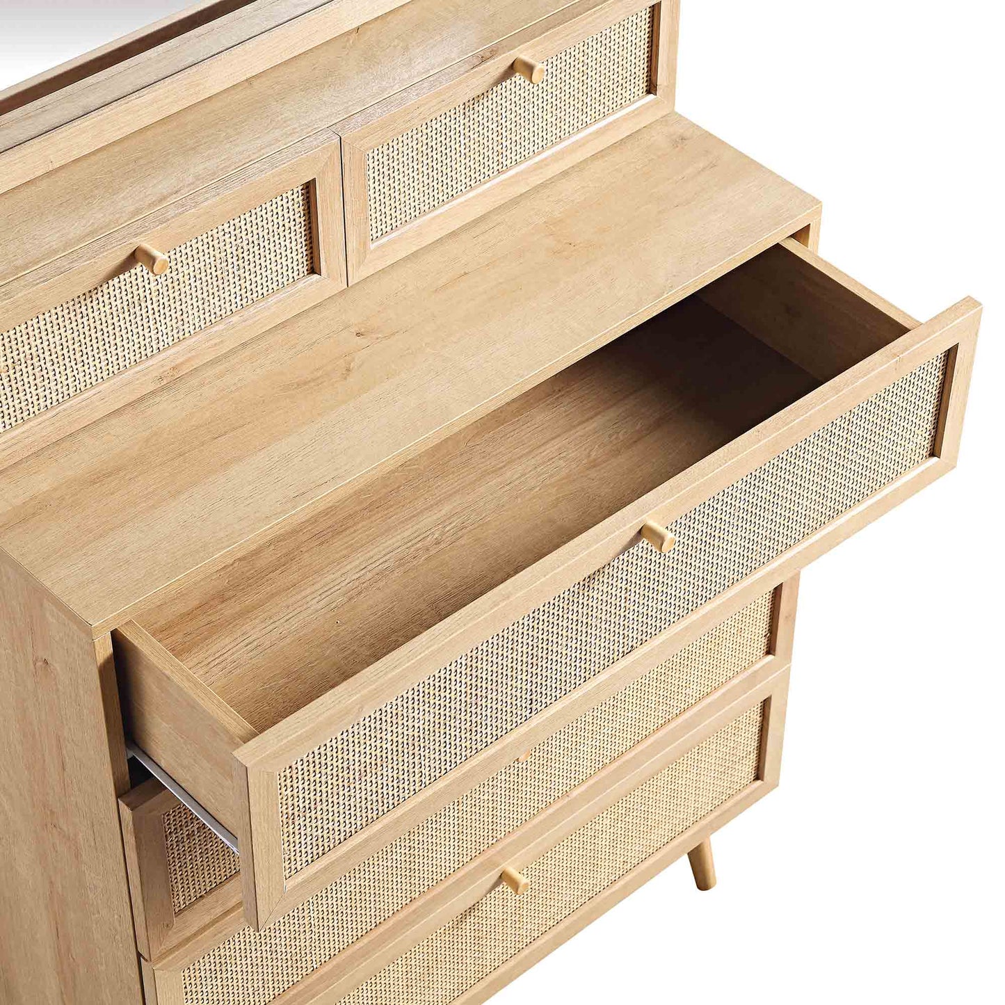 Commode haute en rotin tressé Frances avec miroir, couleur naturelle