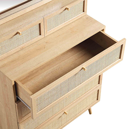 Commode haute en rotin tressé Frances avec miroir, couleur naturelle