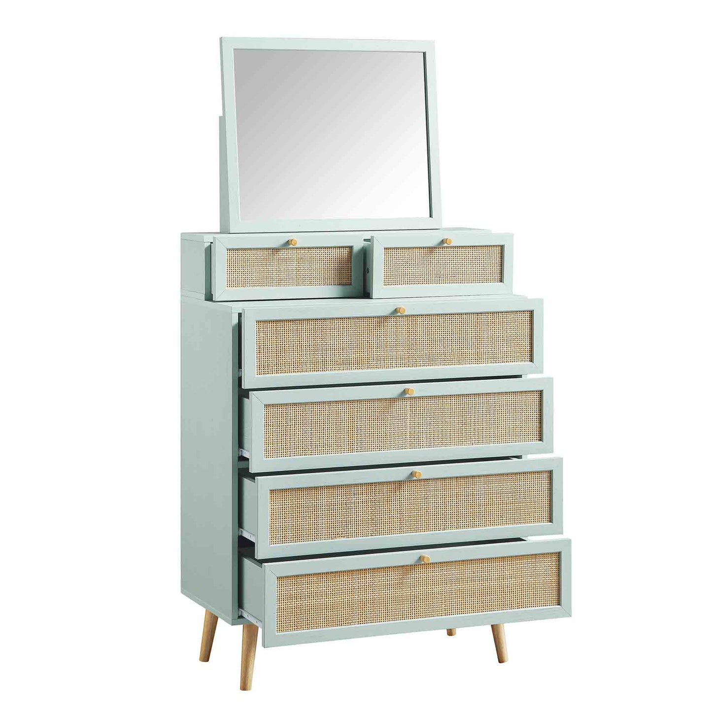 Commode haute en rotin tressé Frances avec miroir, menthe