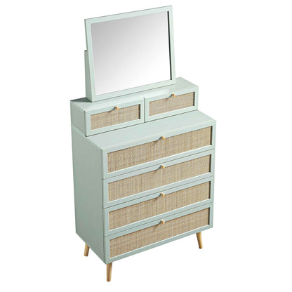 Commode haute en rotin tressé Frances avec miroir, menthe