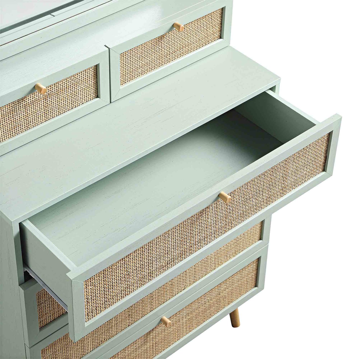 Commode haute en rotin tressé Frances avec miroir, menthe