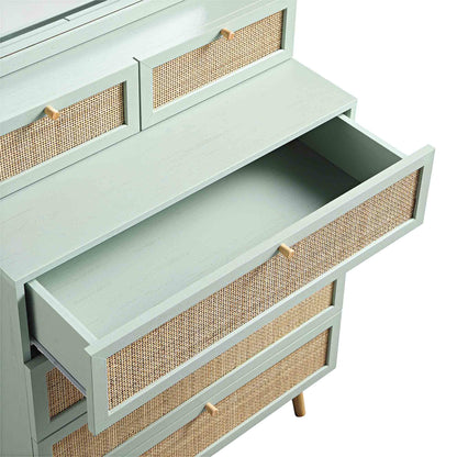 Commode haute en rotin tressé Frances avec miroir, menthe