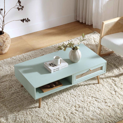 Table basse en rotin tressé Frances en bois couleur menthe