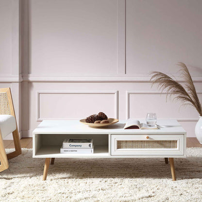 Table basse en bois et rotin tressé Frances, blanche