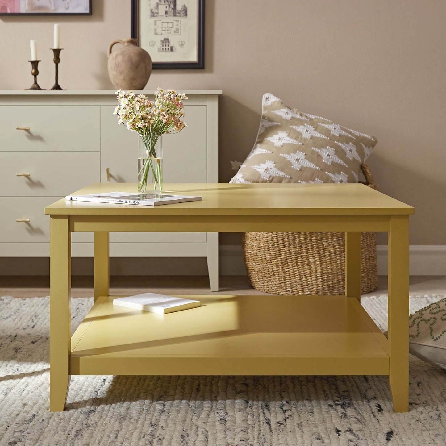 Table basse carrée Oakham 80 cm, rotin jaune