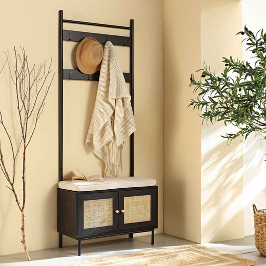 Meuble d'entrée tissé Frances avec coussin, noir