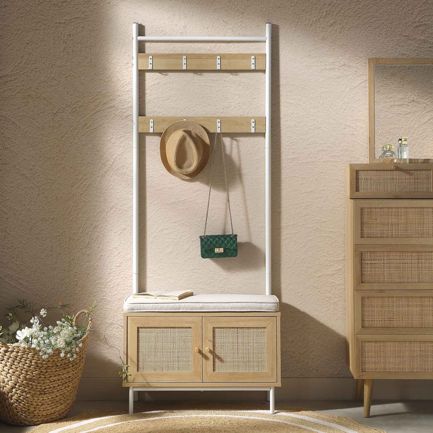 Meuble d'entrée tissé Frances avec coussin, naturel