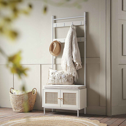 Meuble d'entrée tissé Frances avec coussin, blanc