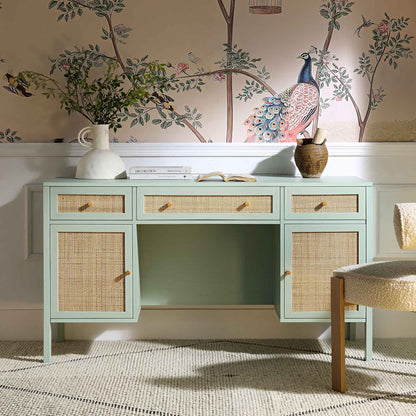 Bureau 3 tiroirs en rotin tressé Frances, menthe