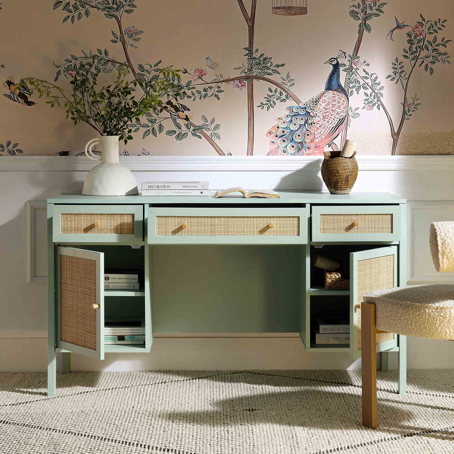 Bureau 3 tiroirs en rotin tressé Frances, menthe