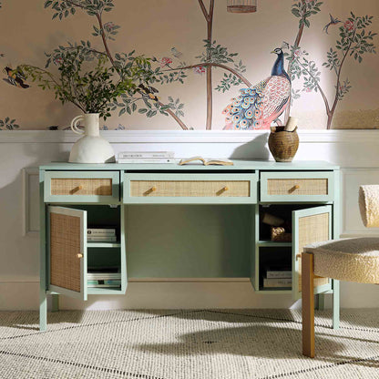 Bureau 3 tiroirs en rotin tressé Frances, menthe