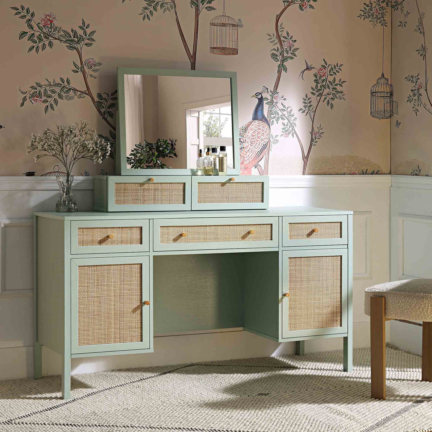 Bureau 3 tiroirs en rotin tressé Frances, menthe