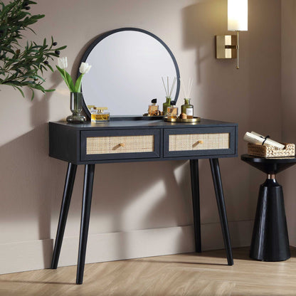 Coiffeuse en rotin tressé Frances avec miroir, noir