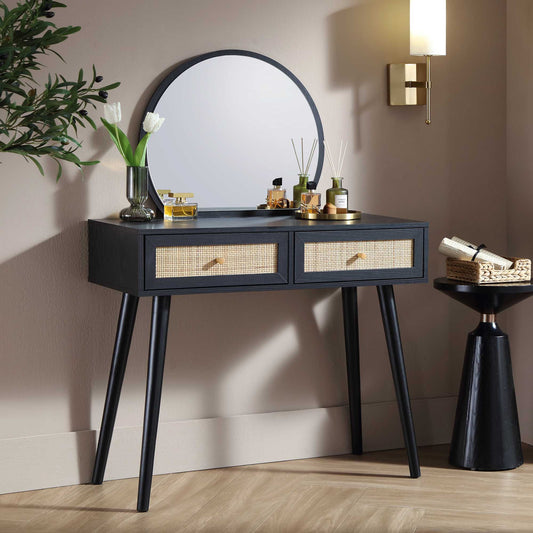 Coiffeuse en rotin tressé Frances avec miroir, noir