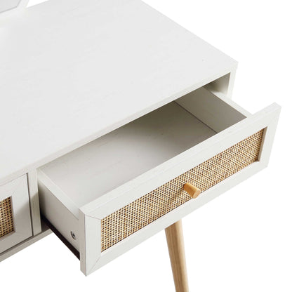 Coiffeuse en rotin tressé Frances avec miroir, blanche