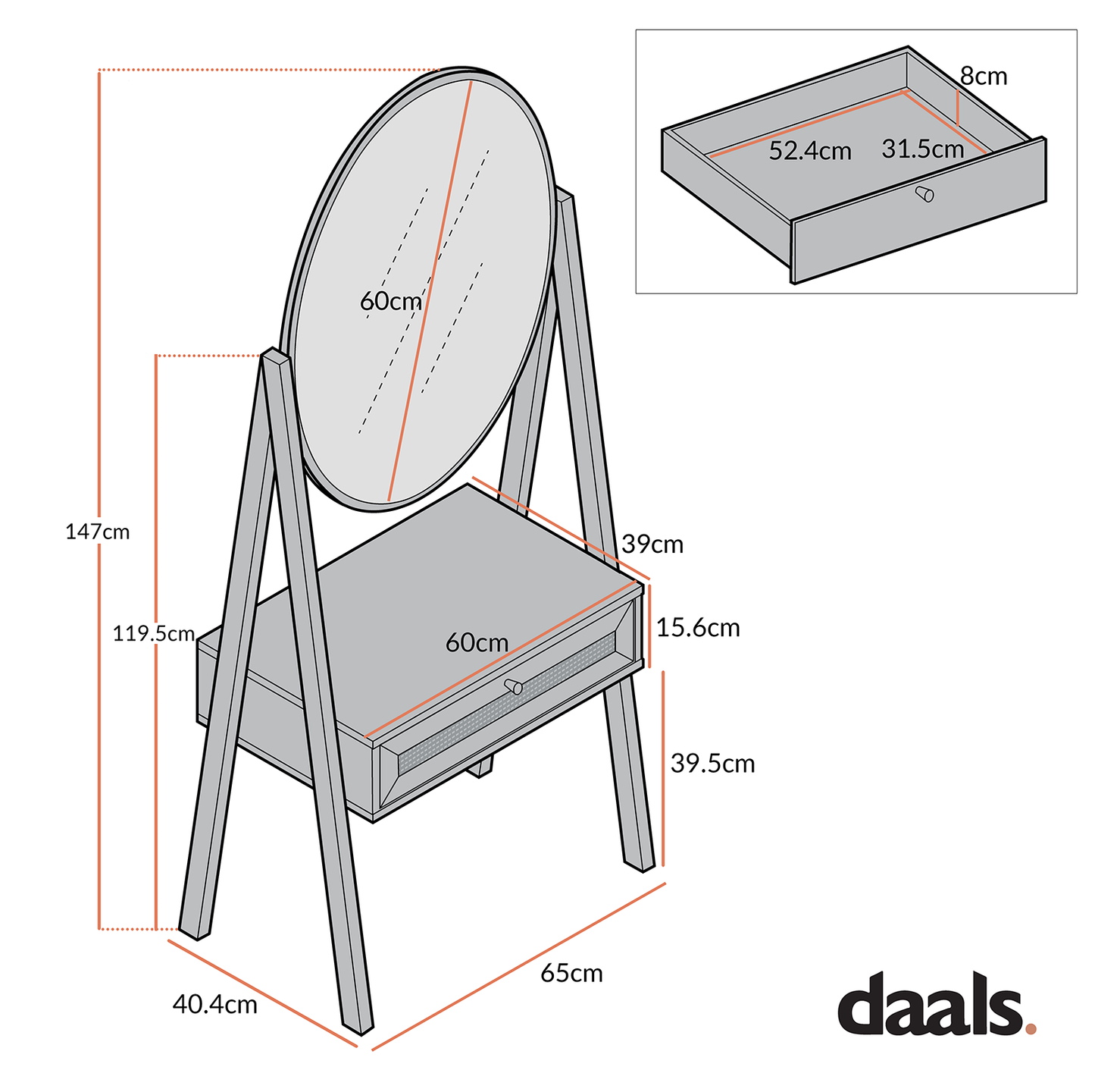 Coiffeuse debout en rotin tressé Frances avec miroir, blanc