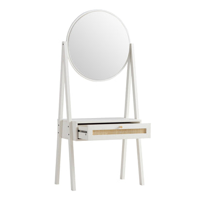 Coiffeuse debout en rotin tressé Frances avec miroir, blanc