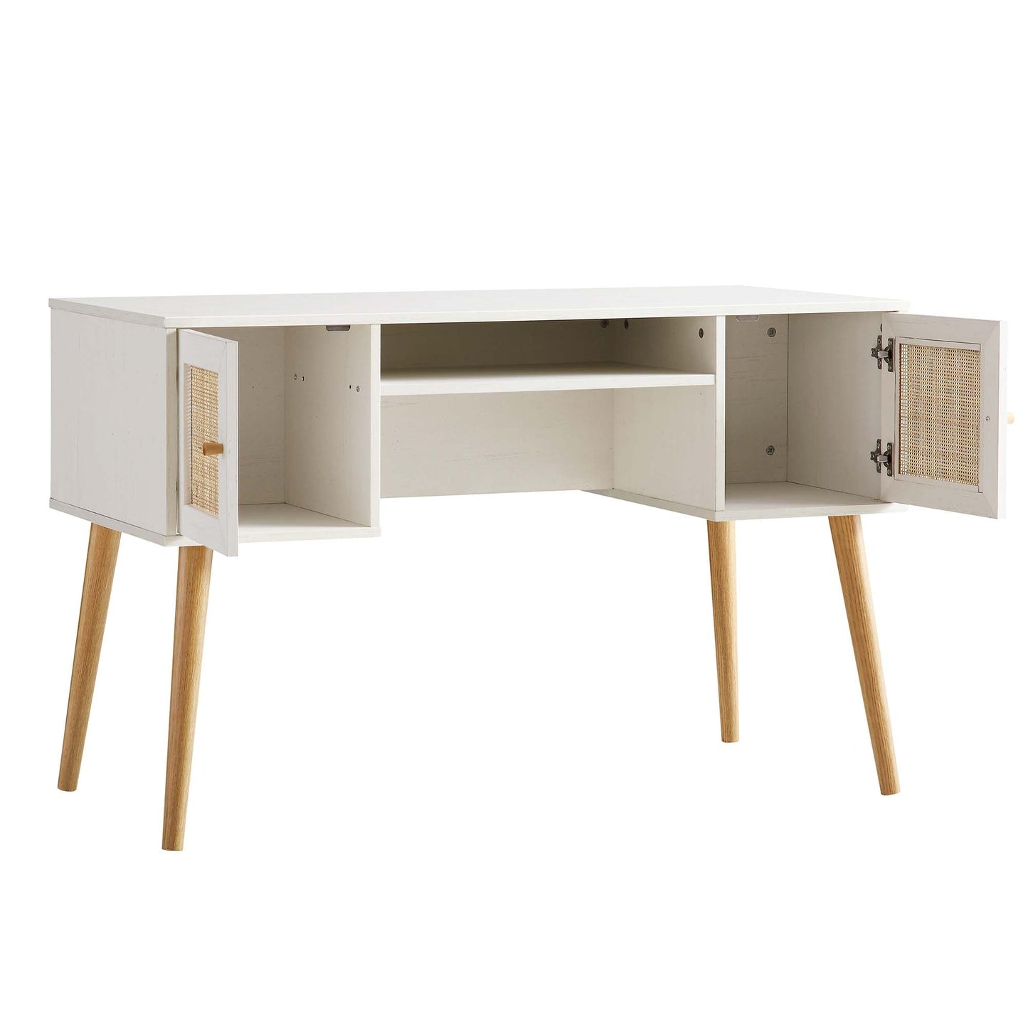 Bureau 2 portes en rotin tressé Frances, blanc