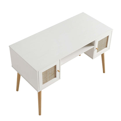 Bureau 2 portes en rotin tressé Frances, blanc