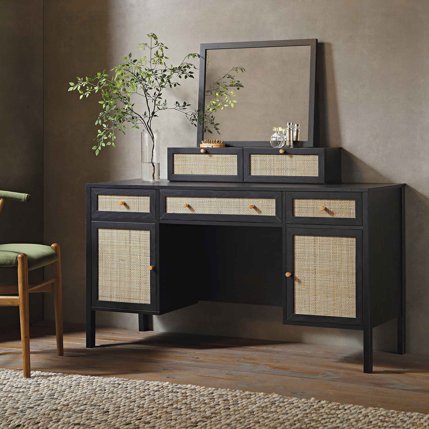 Bureau 3 tiroirs en rotin tressé Frances, noir