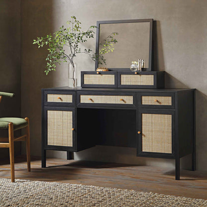 Bureau 3 tiroirs en rotin tressé Frances, noir