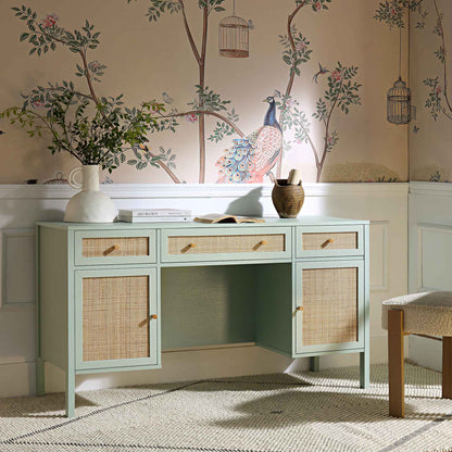 Bureau 3 tiroirs en rotin tressé Frances, menthe