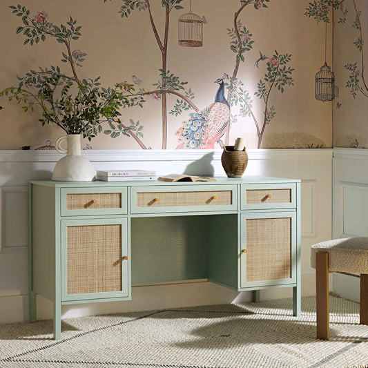 Bureau 3 tiroirs en rotin tressé Frances, menthe