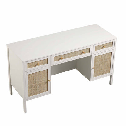 Bureau 3 tiroirs en rotin tressé Frances, blanc