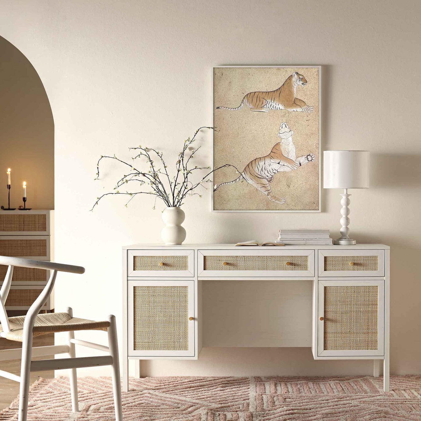 Bureau 3 tiroirs en rotin tressé Frances, blanc