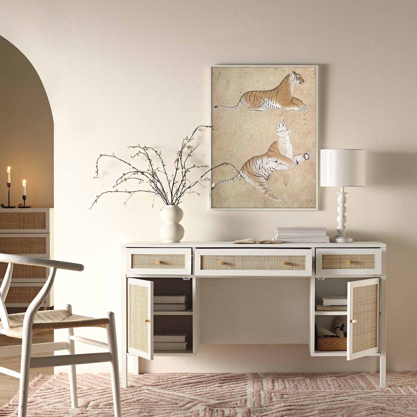 Bureau 3 tiroirs en rotin tressé Frances, blanc