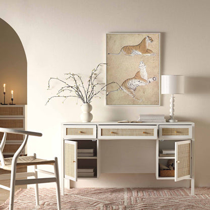 Bureau 3 tiroirs en rotin tressé Frances, blanc