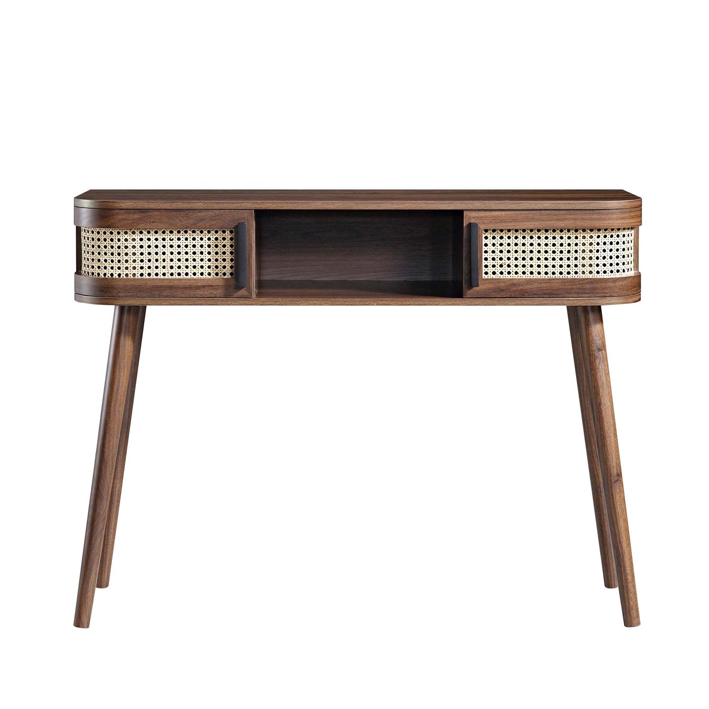 Table Izzy courbée en rotin à 2 portes, noyer