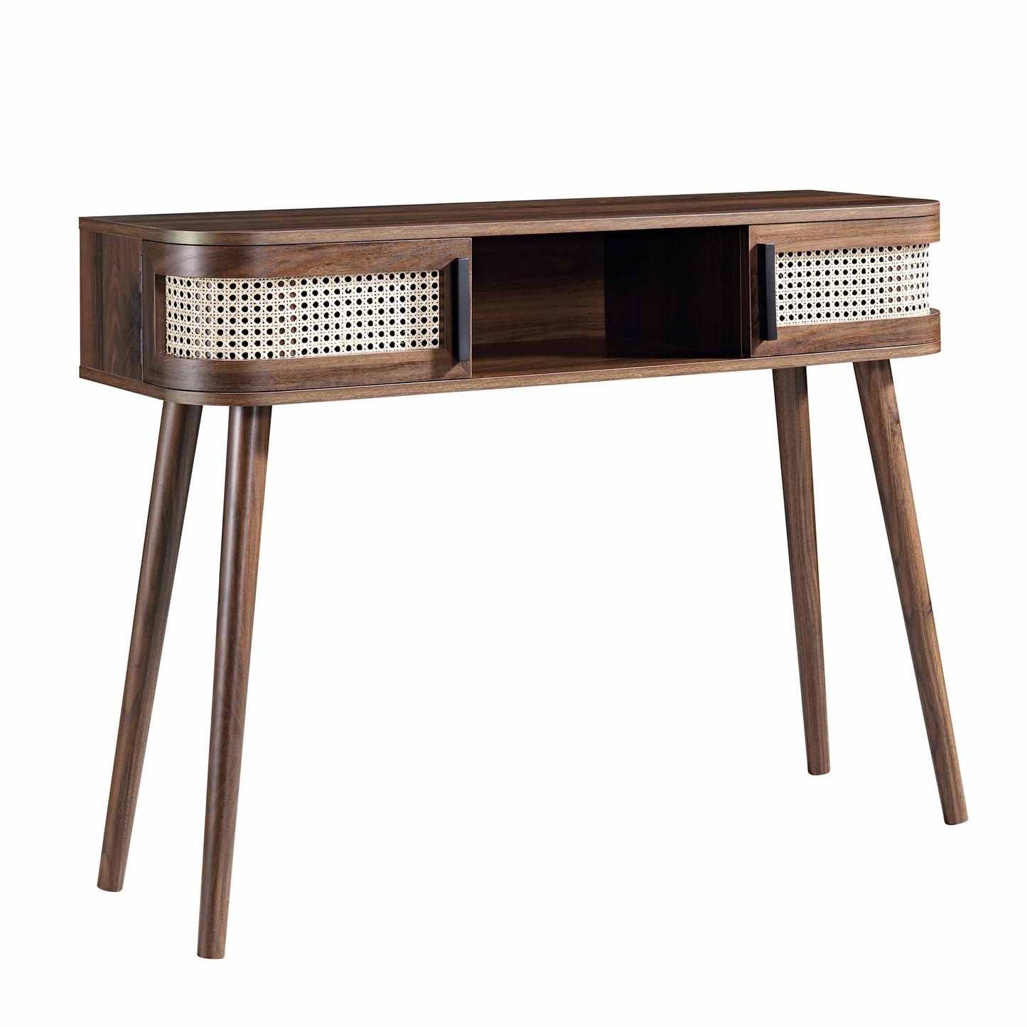 Table Izzy courbée en rotin à 2 portes, noyer