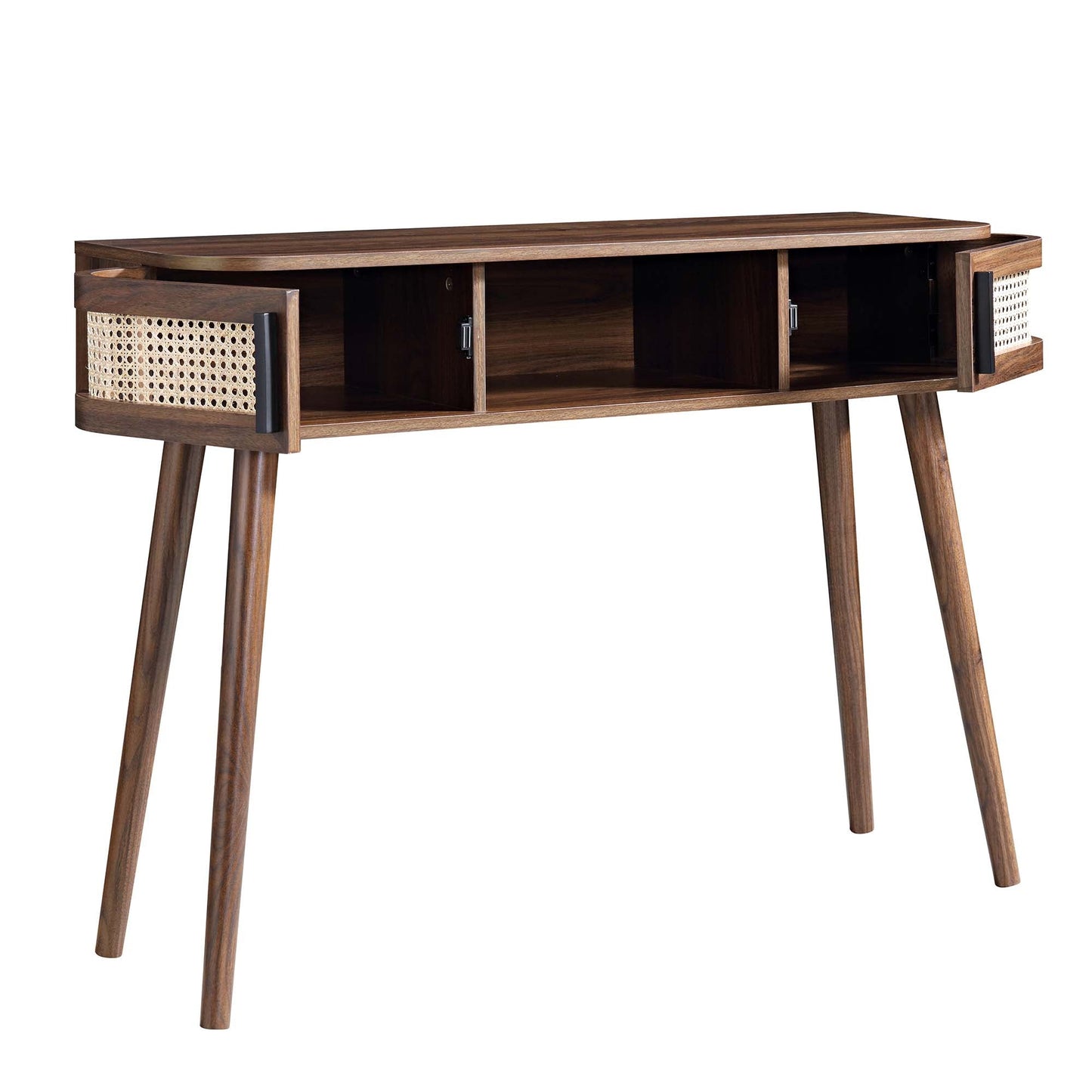 Table Izzy courbée en rotin à 2 portes, noyer