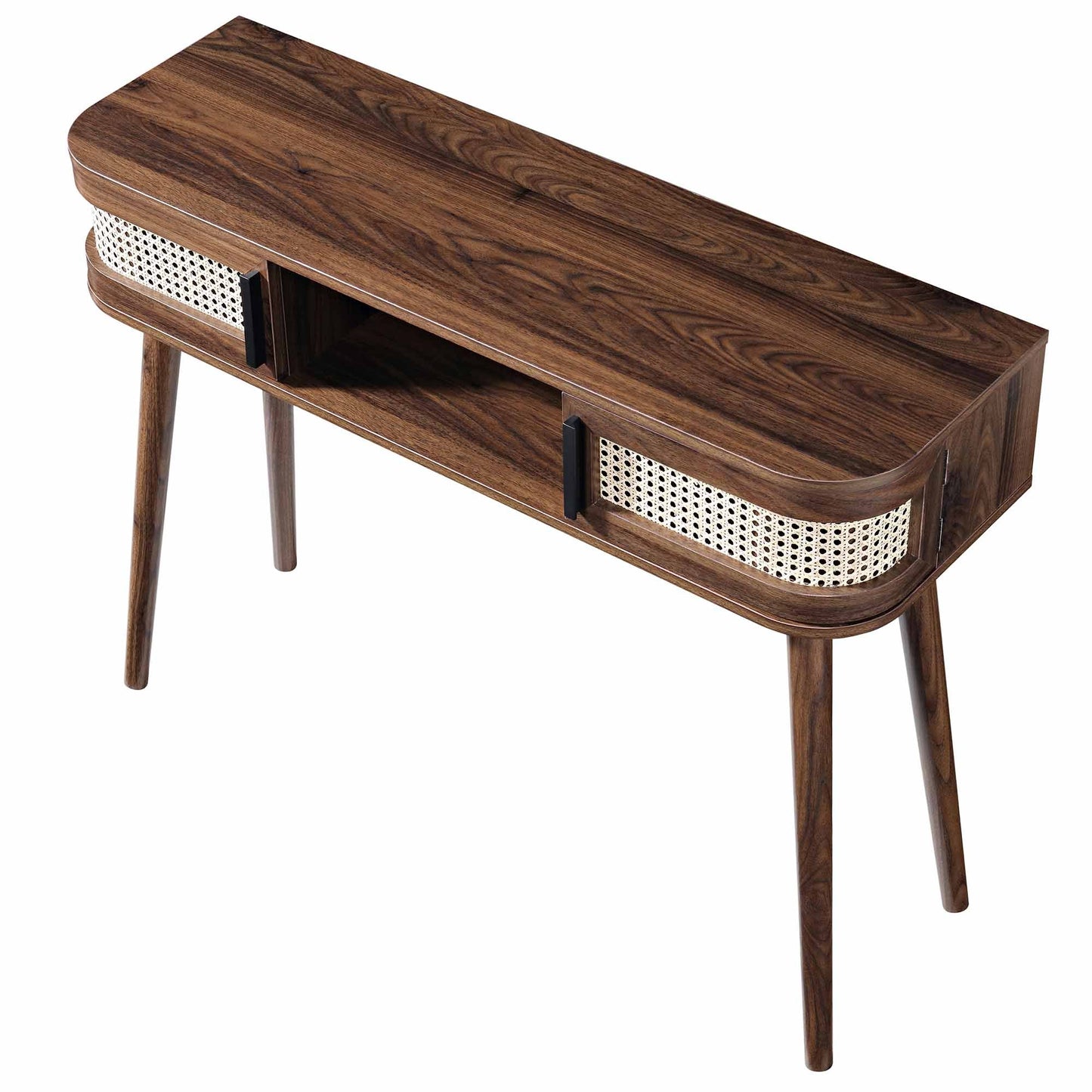 Table Izzy courbée en rotin à 2 portes, noyer