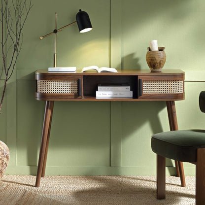 Table Izzy courbée en rotin à 2 portes, noyer