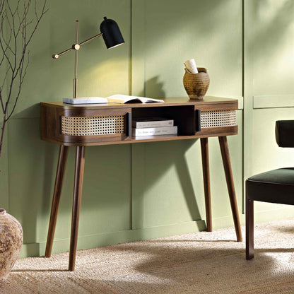 Table Izzy courbée en rotin à 2 portes, noyer