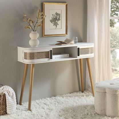 Table Izzy incurvée en rotin à 2 portes, blanche